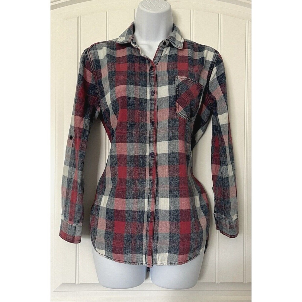 SNEAK PEEK Women Small Red Plaid Long Roll Tab Sleeve Button Down Shirt - Picture 2 of 11